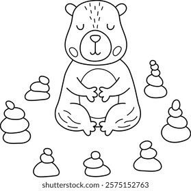 Vector black and white capybara icon. Cute line capibara meditating in rock garden. Funny animal illustration isolated on white background. Comic trendy guinea pig clipart, coloring page