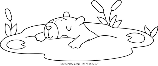 Vector black and white capybara icon. Cute line capibara swimming in pond with reeds. Funny animal illustration isolated on white background. Comic trendy guinea pig clipart, coloring page