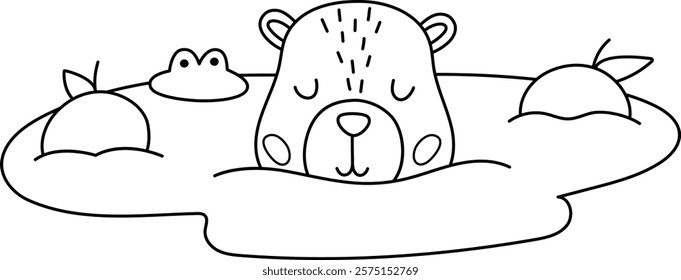 Vector black and white capybara icon. Cute line capibara swimming in pond with tangerines. Funny animal illustration isolated on white background. Comic guinea pig clipart, coloring page