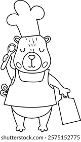 Vector black and white capybara icon. Cute line capibara cook in apron and chef hat, holding cutting board and spoon. Funny animal illustration isolated on white. Guinea pig clipart, coloring page