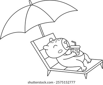 Vector black and white capybara icon. Cute capibara lying on sun lounger under beach umbrella. Funny animal illustration isolated on white background. Guinea pig clipart, coloring page