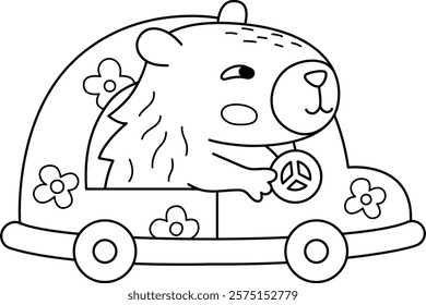 Vector black and white capybara icon. Cute line capibara driving car with flowers. Funny animal illustration isolated on white background. Comic guinea pig clipart, coloring page