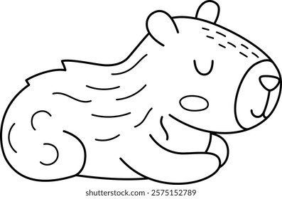 Vector black and white capybara icon. Cute line capibara sitting or lying with closed eyes. Funny happy animal illustration isolated on white background. Comic guinea pig clipart, coloring page