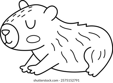 Vector black and white capybara icon. Cute line capibara sitting or lying with closed eyes. Funny happy animal illustration isolated on white background. Comic guinea pig clipart, coloring page