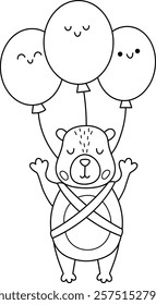 Vector black and white capybara icon. Cute line capibara flying on balloons with closed eyes. Funny animal illustration isolated on white background. Comic guinea pig clipart, coloring page