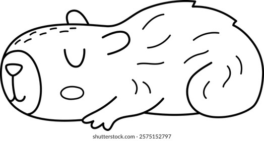 Vector black and white capybara icon. Cute capibara sitting or lying with closed eyes. Funny happy animal illustration isolated on white background. Comic line guinea pig clipart, coloring page