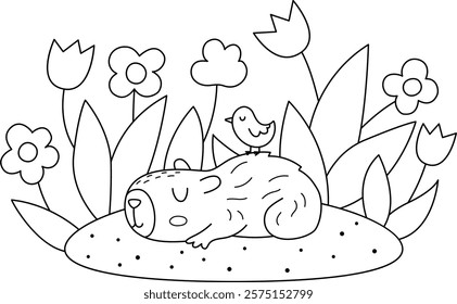 Vector black and white capybara icon. Cute line capibara sleeping on flower clearing with bird on his back. Funny animal illustration isolated on white background. Guinea pig clipart, coloring page