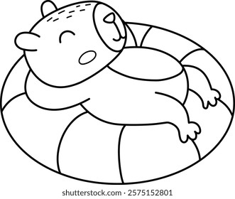 Vector black and white capybara icon. Cute line capibara lying and swimming on floatie. Funny animal illustration isolated on white background. Comic guinea pig clipart, coloring page