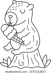 Vector black and white capybara icon. Cute line capibara sitting on stump and eating ice-cream. Funny animal illustration isolated on white background. Comic guinea pig clipart, coloring page