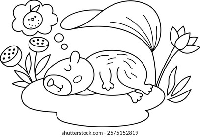 Vector black and white capybara icon. Cute line capibara sleeping on water lily leaf. Funny happy animal illustration isolated on white background. Comic trendy guinea pig clipart, coloring page