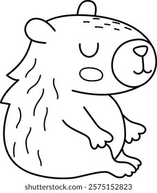 Vector black and white capybara icon. Cute line capibara sitting with closed eyes. Funny happy animal illustration isolated on white background. Comic trendy guinea pig clipart, coloring page