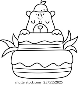 Vector black and white capybara icon. Cute line capibara sitting in tangerine cake. Funny animal illustration isolated on white background. Comic trendy guinea pig clipart, coloring page