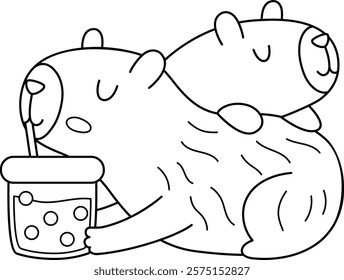 Vector black and white capybara icon. Cute line capibara sitting on each other and drinking bubble tea. Funny animal illustration isolated on white background. Guinea pig clipart, coloring page