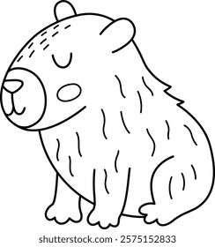 Vector black and white capybara icon. Cute line capibara sitting with closed eyes. Funny happy animal illustration isolated on white background. Comic guinea pig clipart, coloring page