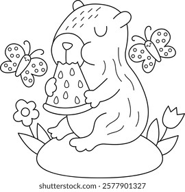 Vector black and white capybara illustration. Cute line scene with capibara sitting on flower clearing with butterfly, eating watermelon. Funny spring or summer scene, coloring page with animal