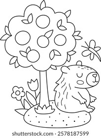 Vector black and white capybara illustration. Cute line scene with capibara sitting under tangerine tree with dragonfly and flowers. Funny spring or summer scene, coloring page with adorable animal