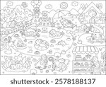Vector black and white capybara landscape illustration. Cute scenery with capibaras, pond, car, house. Funny detailed line scene with animals swimming, relaxing. Happy land coloring page for kids