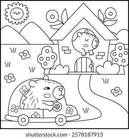 Vector black and white capybara landscape illustration. Cute line square scenery with capibara driving car with flowers to the house. Funny scene, coloring page with adorable animals