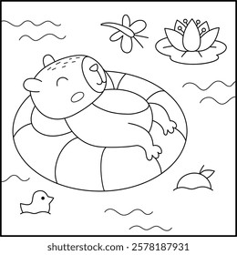 Vector black and white capybara landscape illustration. Cute square scenery with capibara swimming and lying and swimming on floatie. Funny line scene, coloring page with animal in pond