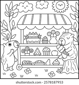 Vector black and white capybara landscape illustration. Cute line square scenery with capibaras sitting in rolling snack cart. Funny scene, coloring page with animal in candy shop drinking, eating