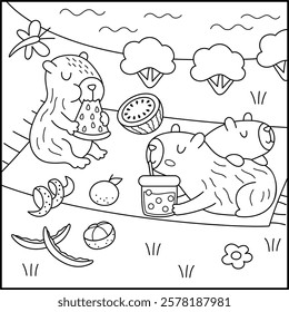 Vector black and white capybara landscape illustration. Cute line square scenery with capibaras sitting on each other, drinking bubble tea, eating watermelon near pond. Funny scene, coloring page