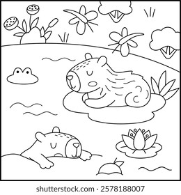 Vector black and white capybara landscape illustration. Line square scenery with capibaras swimming in the lake. Funny scene with adorable animal. Happy land background, coloring page for kids