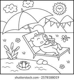 Vector black and white capybara landscape illustration. Cute square line scenery with capibara lying on sun lounger under beach umbrella drinking bubble tea. Funny scene, coloring page with animal