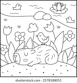 Vector black and white capybara landscape illustration. Cute square scenery with capibara sleeping on flower clearing with bird on his back. Funny line scene, coloring page with animal