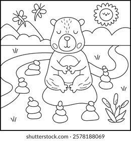 Vector black and white capybara landscape illustration. Line square scenery with capibara meditating in rock garden. Funny scene coloring page with animal. Happy land background for kids