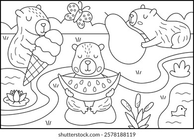 Vector black and white capybara landscape illustration. Cute line scenery with capibaras holding fruits and ice-cream. Funny scene coloring page. Happy land picture for kids with pear, watermelon