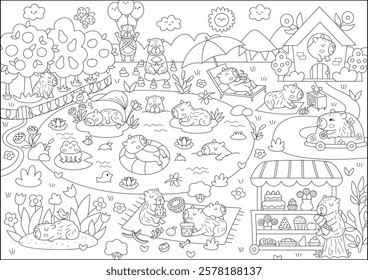 Vector black and white capybara landscape illustration. Cute scenery with capibaras, pond, car, house. Funny detailed line scene with animals swimming, relaxing. Happy land coloring page for kids