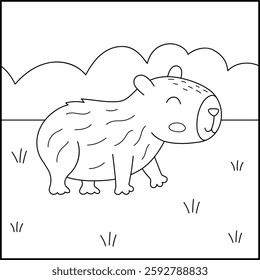 Vector black and white capybara landscape illustration. Cute square scenery with capibara in the wild. Funny line scene, coloring page with animal and simple nature background
