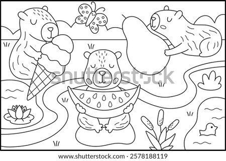 Vector black and white capybara landscape illustration. Cute line scenery with capibaras holding fruits and ice-cream. Funny scene coloring page. Happy land picture for kids with pear, watermelon