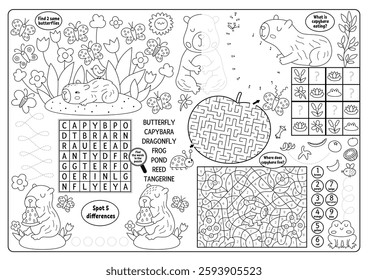 Vector black and white capybara placemat. Capibara line printable activity mat with maze, word search puzzle, shadow match, find difference. Cute play mat, menu, kids magazine, coloring page
