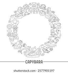 Vector black and white capybara round wreath frame with relaxed animals, frog, tangerines, fruit. Capibara card template design for banners, invitations. Cute line illustration, coloring page