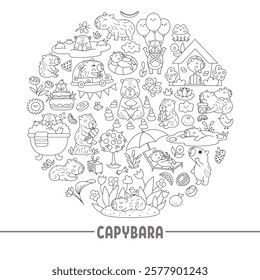 Vector black and white capybara round frame with relaxed animals, frog, tangerines, fruit, flowers. Capibara card template design for banners, invitations. Cute line illustration, coloring page