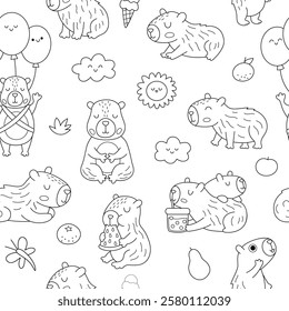 Vector black and white capybara seamless pattern. Cute line capibara repeat background with sun, clouds, balloons, tangerines. Funny digital paper, coloring page with relaxing animals