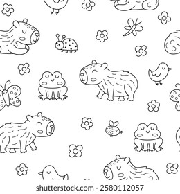 Vector black and white capybara seamless pattern. Cute line capibara repeat background with frog, bird, flower, butterfly, fly, bug. Funny digital paper, coloring page with happy relaxed animals