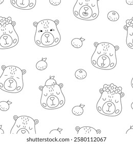 Vector black and white capybara seamless pattern. Cute repeat background with happy, excited, relaxed capibara heads. Line digital paper, coloring page with cute animal faces with positive emotions