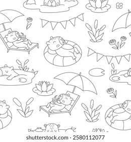 Vector black and white capybara seamless pattern. Cute line capibara repeat background with pond, water lily, reeds. Funny digital paper, coloring page with relaxing animals