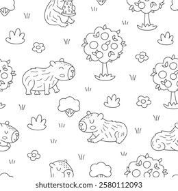 Vector black and white capybara seamless pattern. Cute line repeat background with capibara with tangerine tree, bushes, flowers. Funny digital paper, coloring page with relaxing animals