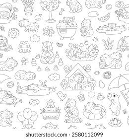 Vector black and white capybara seamless pattern. Cute line capibara repeat background with bath, fruit, reeds, birds, tangerines. Funny digital paper, coloring page with relaxing animals