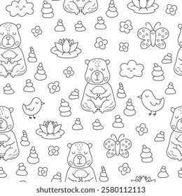 Vector black and white capybara seamless pattern. Cute line capibara repeat background with stone garden, clouds, flowers, butterflies. Funny digital paper, coloring page with relaxing animal