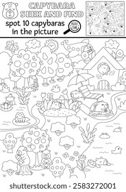 Vector black and white capybara searching game with summer landscape, garden, house, tangerine. Spot hidden animals. Line capibara seek and find printable activity, coloring page for kids
