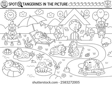 Vector black and white capybara searching game with summer landscape, pond. Spot hidden tangerines. Line capibara seek and find educational printable activity, coloring page for kids
