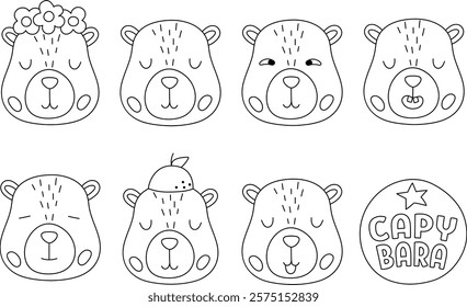 Vector black and white capybara set. Cute line capibara heads collection showing different emotions and feelings. Funny guinea pigs relaxed, contented, excited. Psychological coloring page