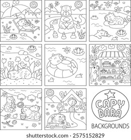 Vector black and white capybara square scenes collection Capibara landscape illustration or coloring page for kids. Cute line nature scenes set with adorable animals relaxing, meditating