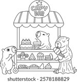 Vector black and white capybaras sitting in rolling snack cart with wheels. Candy shop with capibaras icon. Cartoon line sweets stand illustration. Pastry or bakery trolley clipart, coloring page
