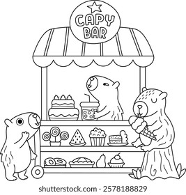 Vector black and white capybaras sitting in rolling snack cart with wheels. Candy shop with capibaras icon. Cartoon line sweets stand illustration. Pastry or bakery trolley clipart, coloring page