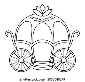 Icono de carro blanco y negro vectorial aislado en fondo blanco. Carro de línea medieval. Ilustración del coche de referencia de cuento de hadas o página de color
